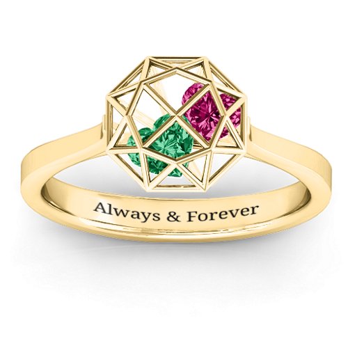 Diamond Cage Ring with Encased Heart Stones – 10K Yellow Gold with Emerald and Ruby