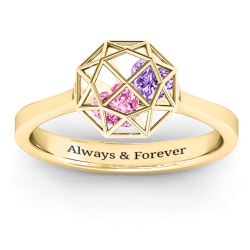Diamond Cage Ring with Encased Heart Stones – 10K Yellow Gold with Pink Tourmaline and Amethyst
