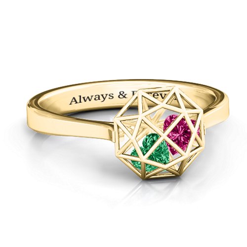 Diamond Cage Ring with Encased Heart Stones – 10K Yellow Gold with Emerald and Ruby