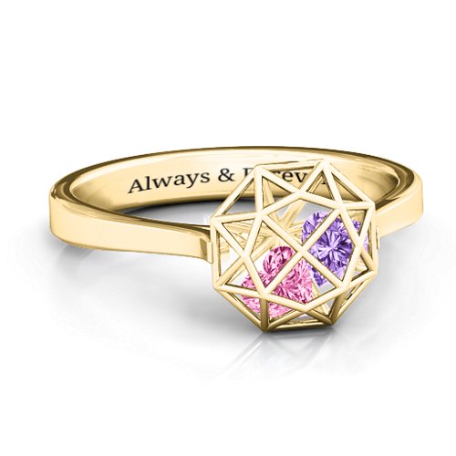 Diamond Cage Ring with Encased Heart Stones – 10K Yellow Gold with Pink Tourmaline and Amethyst