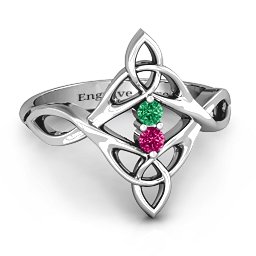 Celtic Sparkle Ring with Interwoven Infinity Band in 925 Sterling Silver with Emerald and Ruby
