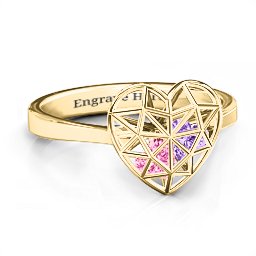 Diamond Heart Cage Ring With Encased Heart Stones in 14K Solid Yellow Gold with Pink Tourmaline, Amethyst, and Ruby