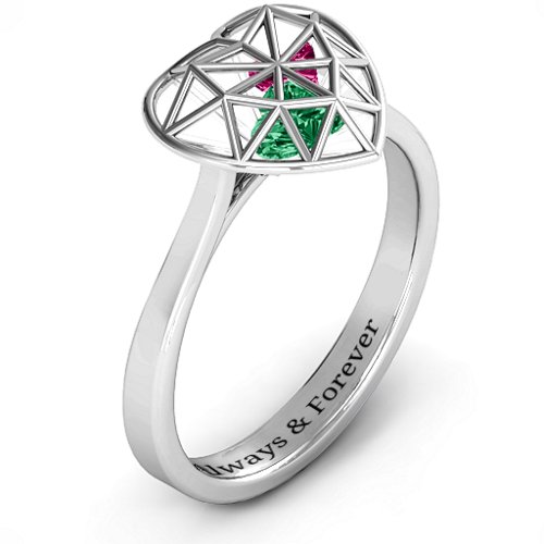 Diamond Heart Cage Ring With Encased Heart Stones