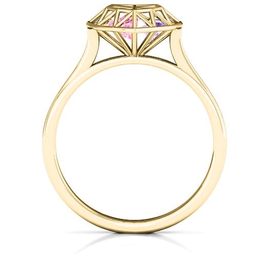 Diamond Heart Cage Ring With Encased Heart Stones – 10K Yellow Gold with Pink Tourmaline and Amethyst