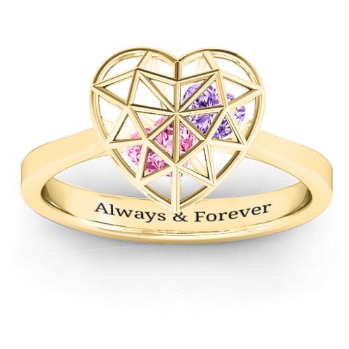 Diamond Heart Cage Ring With Encased Heart Stones – 10K Yellow Gold with Pink Tourmaline and Amethyst