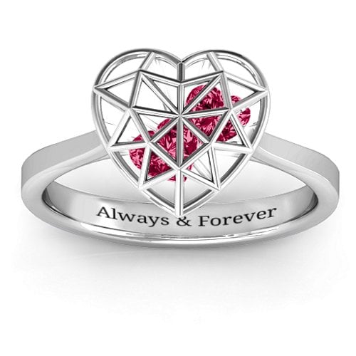 Diamond Heart Cage Ring With Encased Heart Stones