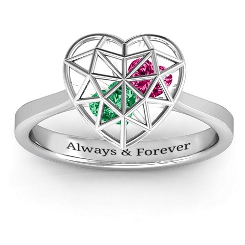 Diamond Heart Cage Ring With Encased Heart Stones