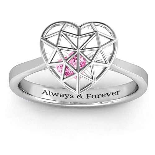 Diamond Heart Cage Ring With Encased Heart Stones
