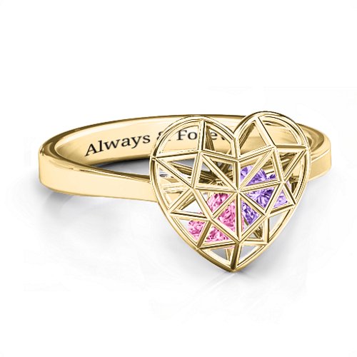Diamond Heart Cage Ring With Encased Heart Stones – 10K Yellow Gold with Pink Tourmaline and Amethyst
