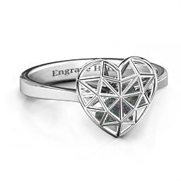Diamond Heart Cage Ring With Encased Heart Stones in 925 Sterling Silver with Alexandrite and Ruby