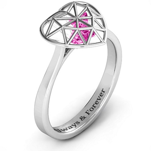 Diamond Heart Cage Ring With Encased Heart Stones – Sterling Silver with Pink Tourmaline