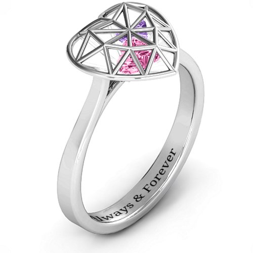 Diamond Heart Cage Ring With Encased Heart Stones – Sterling Silver with Pink Tourmaline and Amethyst