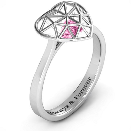 Diamond Heart Cage Ring With Encased Heart Stones – Sterling Silver with Pink Tourmaline