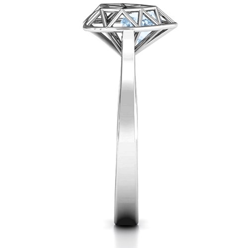 Diamond Heart Cage Ring With Encased Heart Stones – Sterling Silver with Aquamarine