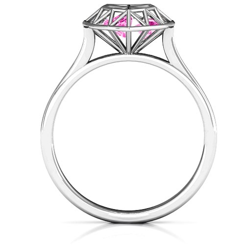 Diamond Heart Cage Ring With Encased Heart Stones – Sterling Silver with Pink Tourmaline