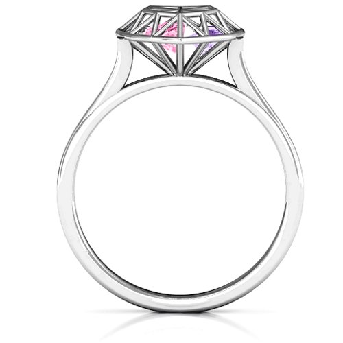 Diamond Heart Cage Ring With Encased Heart Stones – Sterling Silver with Pink Tourmaline and Amethyst