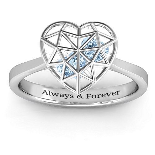 Diamond Heart Cage Ring With Encased Heart Stones – Sterling Silver with Aquamarine