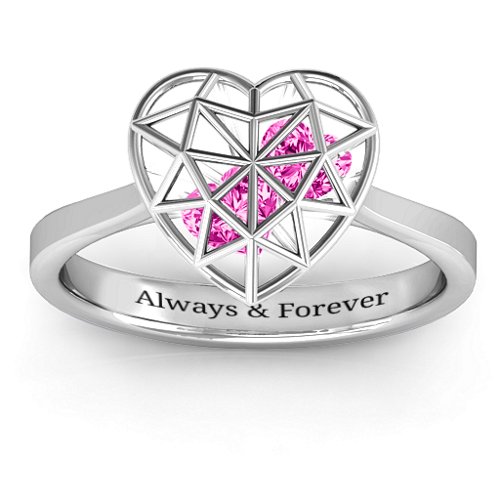 Diamond Heart Cage Ring With Encased Heart Stones – Sterling Silver with Pink Tourmaline