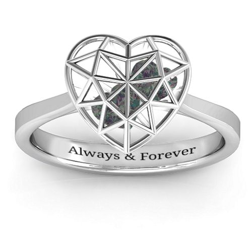 Diamond Heart Cage Ring With Encased Heart Stones – Sterling Silver with Alexandrite