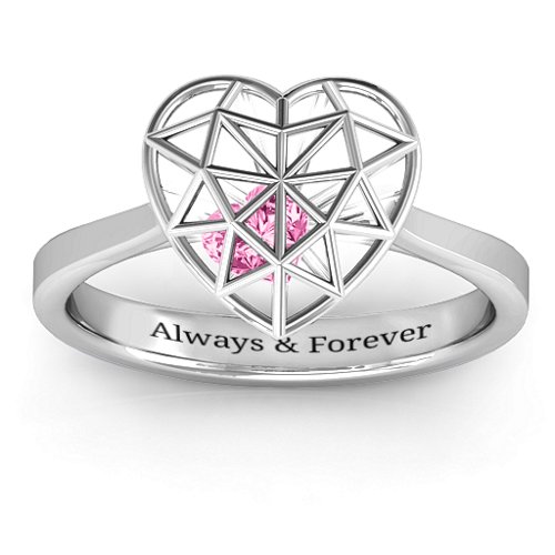 Diamond Heart Cage Ring With Encased Heart Stones – Sterling Silver with Pink Tourmaline