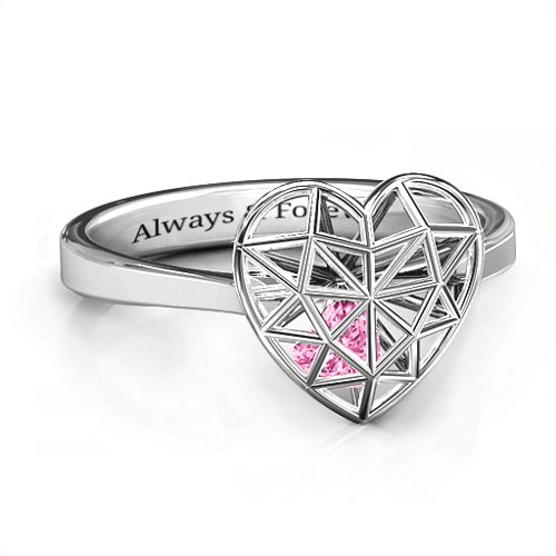Diamond Heart Cage Ring With Encased Heart Stones – Sterling Silver with Pink Tourmaline