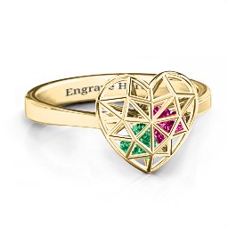 Diamond Heart Cage Ring With Encased Heart Stones in 10K Solid Yellow Gold with Emerald and Ruby