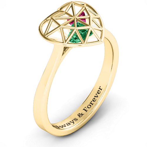 Diamond Heart Cage Ring With Encased Heart Stones – 10K Yellow Gold with Emerald and Ruby