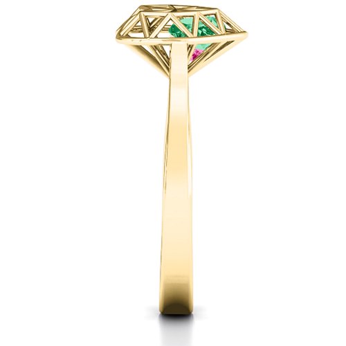 Diamond Heart Cage Ring With Encased Heart Stones – 10K Yellow Gold with Emerald and Ruby
