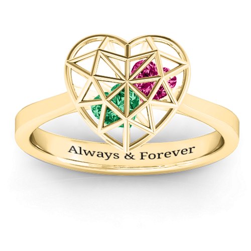 Diamond Heart Cage Ring With Encased Heart Stones – 10K Yellow Gold with Emerald and Ruby