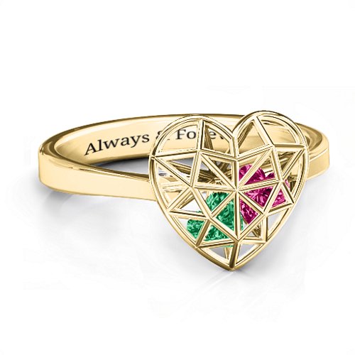 Diamond Heart Cage Ring With Encased Heart Stones – 10K Yellow Gold with Emerald and Ruby