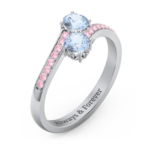 Two Stone Ring With Sparkling Accents And Filigree Settings – Sterling Silver with Aquamarine and Fancy Pink Premium Zirconia