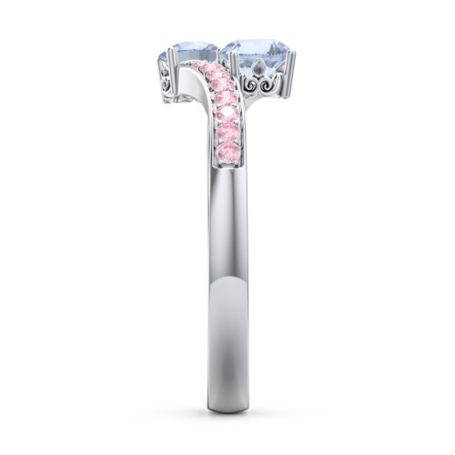 Two Stone Ring With Sparkling Accents And Filigree Settings – Sterling Silver with Aquamarine and Fancy Pink Premium Zirconia