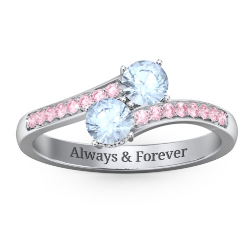 Two Stone Ring With Sparkling Accents And Filigree Settings – Sterling Silver with Aquamarine and Fancy Pink Premium Zirconia