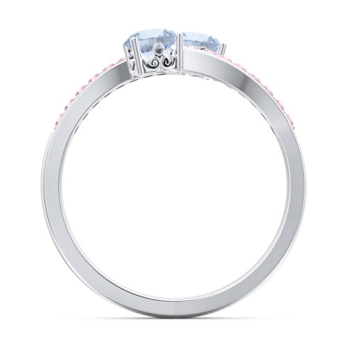 Two Stone Ring With Sparkling Accents And Filigree Settings – 10K White Gold with Aquamarine and Fancy Pink Premium Zirconia