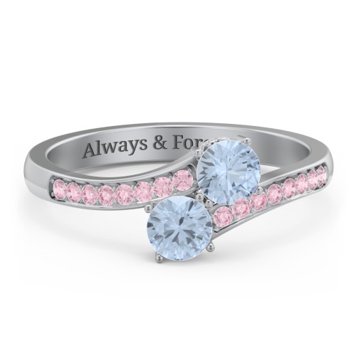 Two Stone Ring With Sparkling Accents And Filigree Settings – 10K White Gold with Aquamarine and Fancy Pink Premium Zirconia