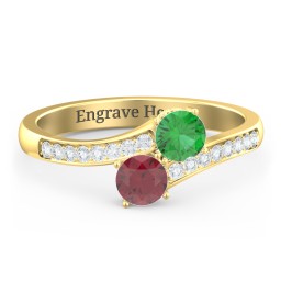 Two Stone Ring With Sparkling Accents And Filigree Settings in 10K Solid Yellow Gold with Emerald, Ruby, and White Premium Zirconia