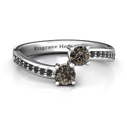 Elegant Accent Two Stone Ring in 925 Sterling Silver with Smokey Quartz and Black Premium Zirconia