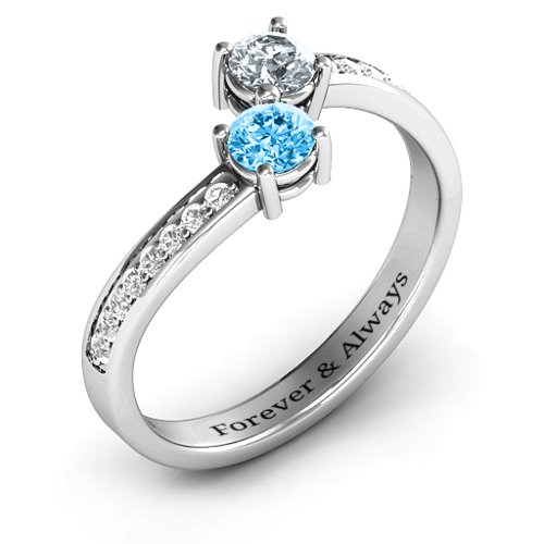 Elegant Accent Two Stone Ring – Sterling Silver with Blue Topaz, Cubic Zirconia, and White Premium Zirconia