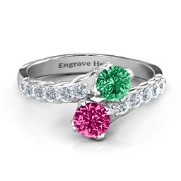 Intricate Infinity Two Stone Ring in 925 Sterling Silver with Emerald, Ruby, and Cubic Zirconia
