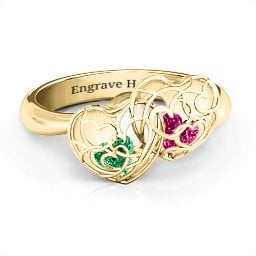 Double Heart Cage Ring with 1-6 Heart Shaped Birthstones in 10K Solid Yellow Gold with Emerald and Ruby