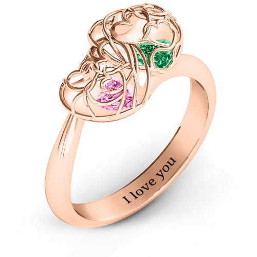 Double Heart Cage Ring with 1-6 Heart Shaped Birthstones