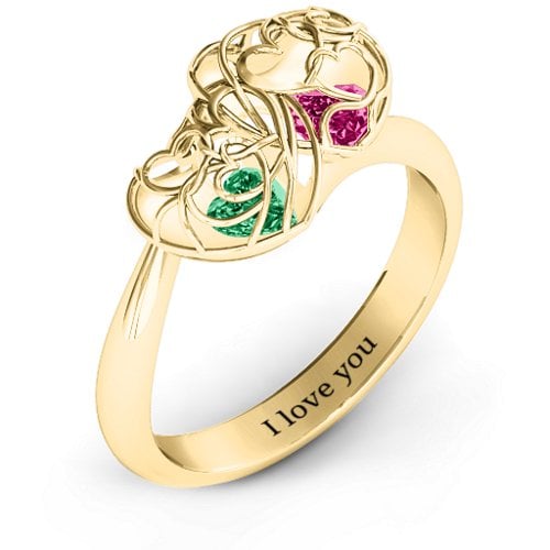 Double Heart Cage Ring with 1-6 Heart Shaped Birthstones – 10K Yellow Gold with Emerald and Ruby