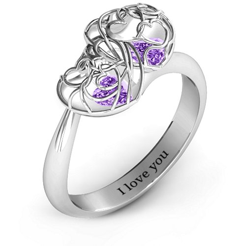 Double Heart Cage Ring with 1-6 Heart Shaped Birthstones – Sterling Silver with Amethyst