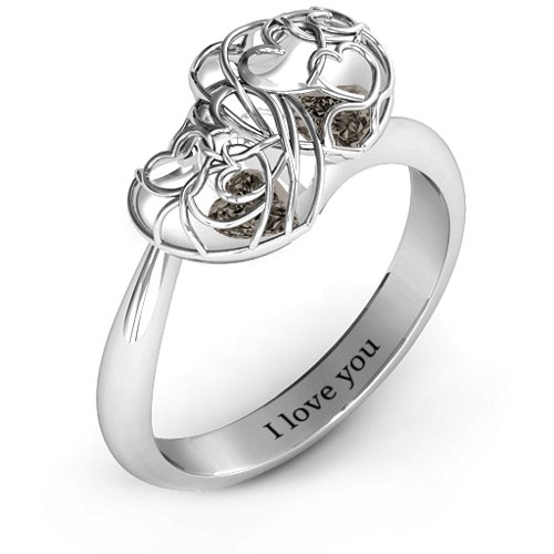 Double Heart Cage Ring with 1-6 Heart Shaped Birthstones