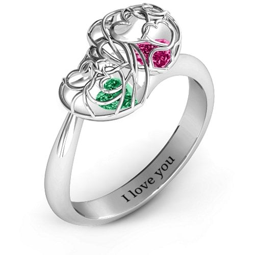 Double Heart Cage Ring with 1-6 Heart Shaped Birthstones