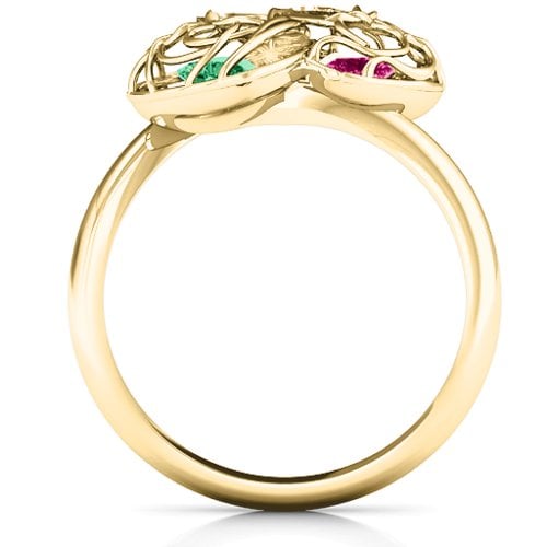 Double Heart Cage Ring with 1-6 Heart Shaped Birthstones – 10K Yellow Gold with Emerald and Ruby