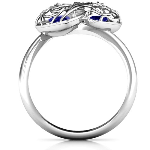Double Heart Cage Ring with 1-6 Heart Shaped Birthstones