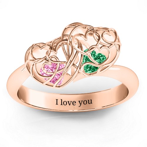 Double Heart Cage Ring with 1-6 Heart Shaped Birthstones