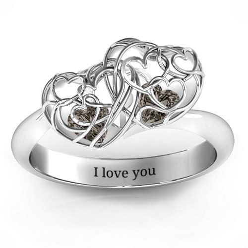 Double Heart Cage Ring with 1-6 Heart Shaped Birthstones