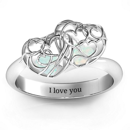Double Heart Cage Ring with 1-6 Heart Shaped Birthstones